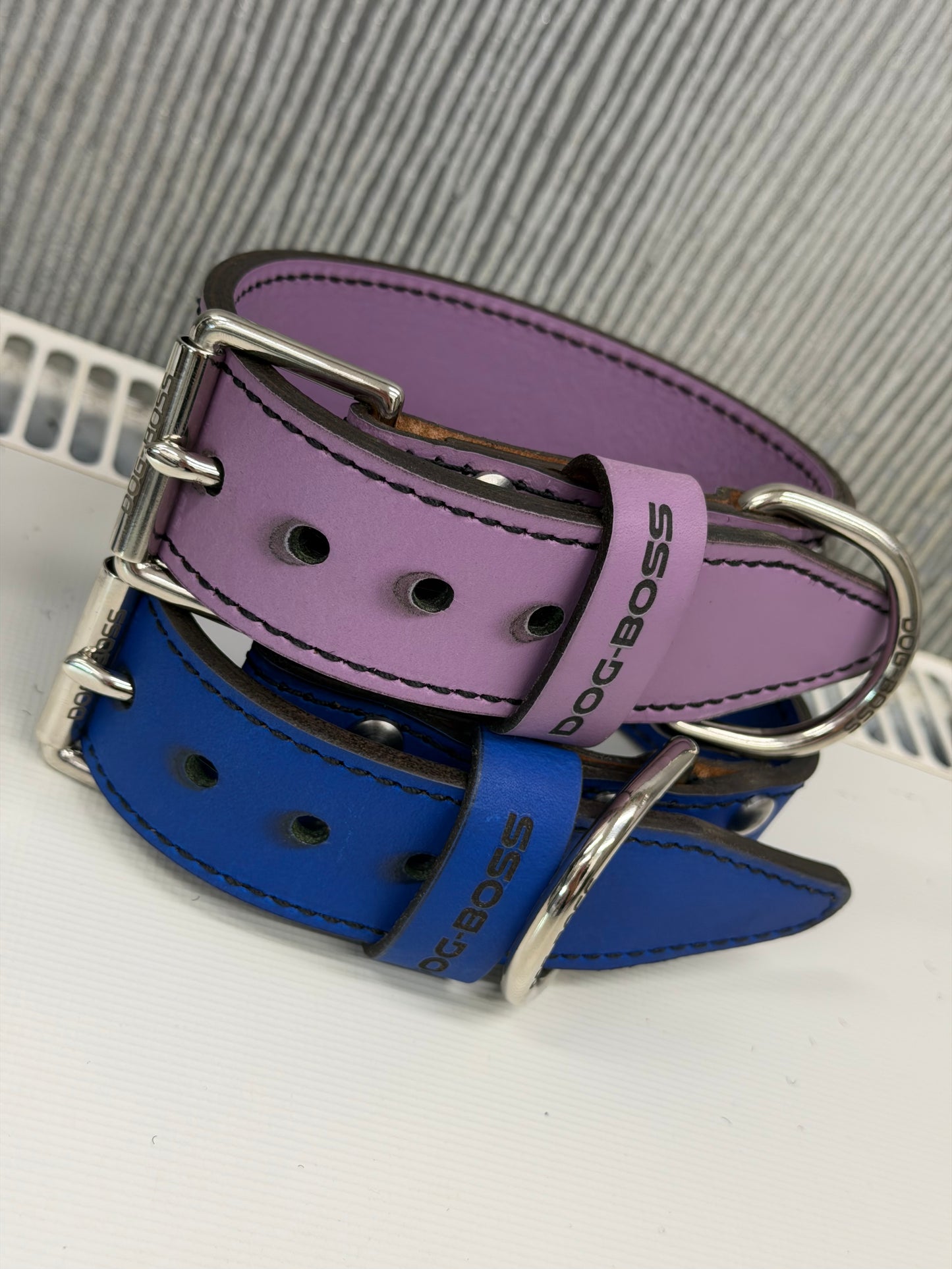 38mm wide small puppy leather collars one cobolt blue & one lavender
