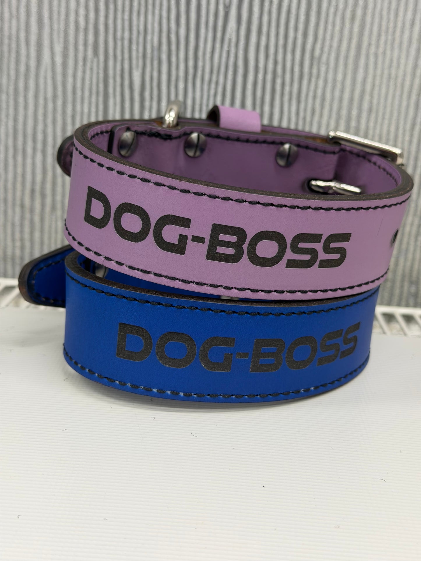 38mm wide small puppy leather collars one cobolt blue & one lavender